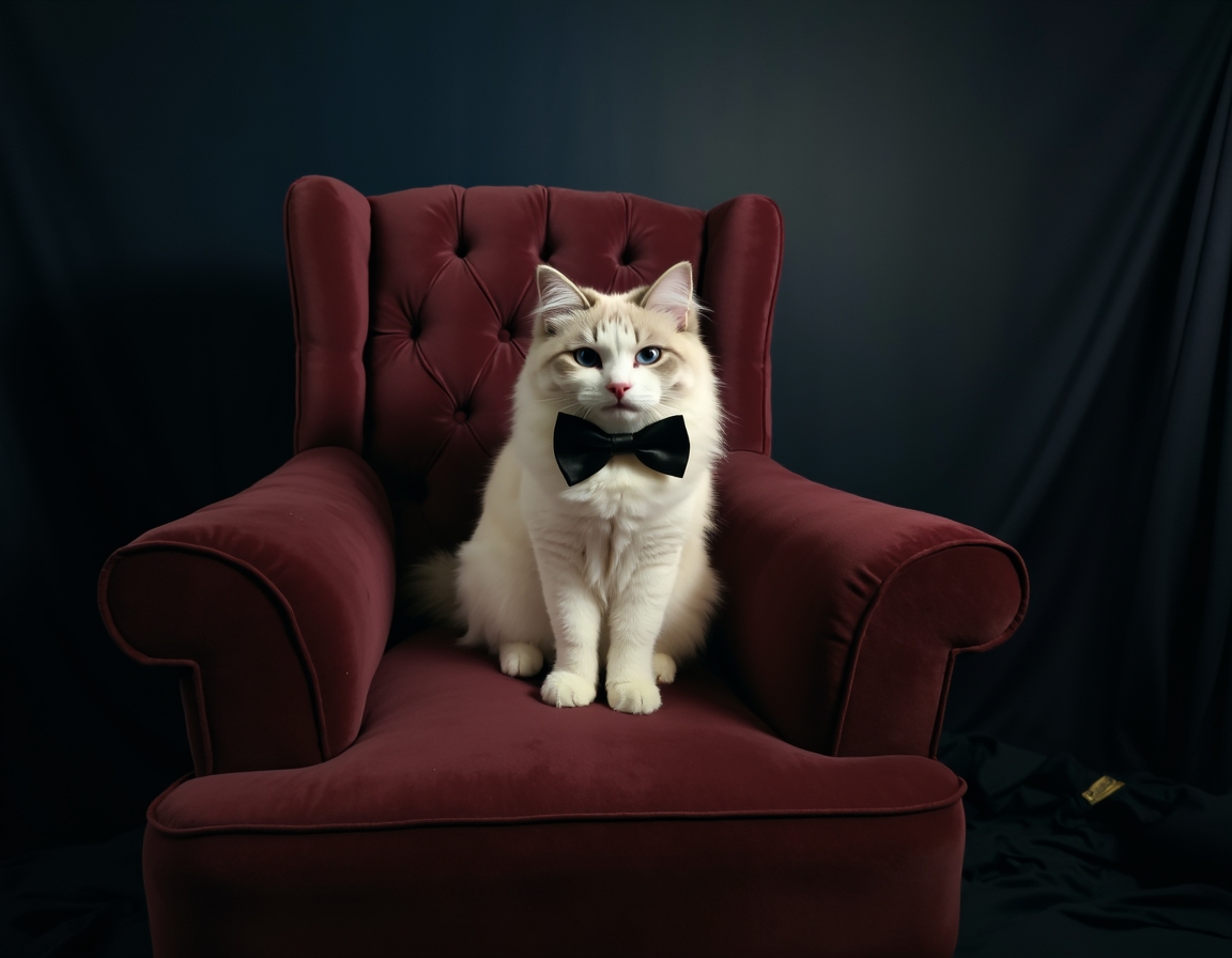 Photorealistic image of cat posed on a luxurious velvet chair in a studio. The backdrop is a deep navy blue with soft spotlighting that highlights the cat's fur and a sleek black bowtie, giving the scene a sophisticated, formal atmosphere.